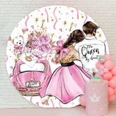 Aperturee - Rose Pink Glitter Girl And Boy Round Wedding Backdrop